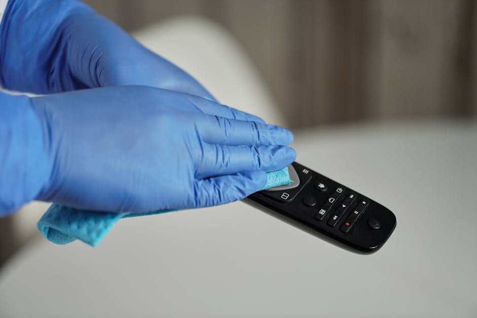Close-up of a person's hand holding a white sticker with a blue atom symbol, set against a blurred background of a person wearing a grey tank top. The image is captured indoors with soft lighting, foc